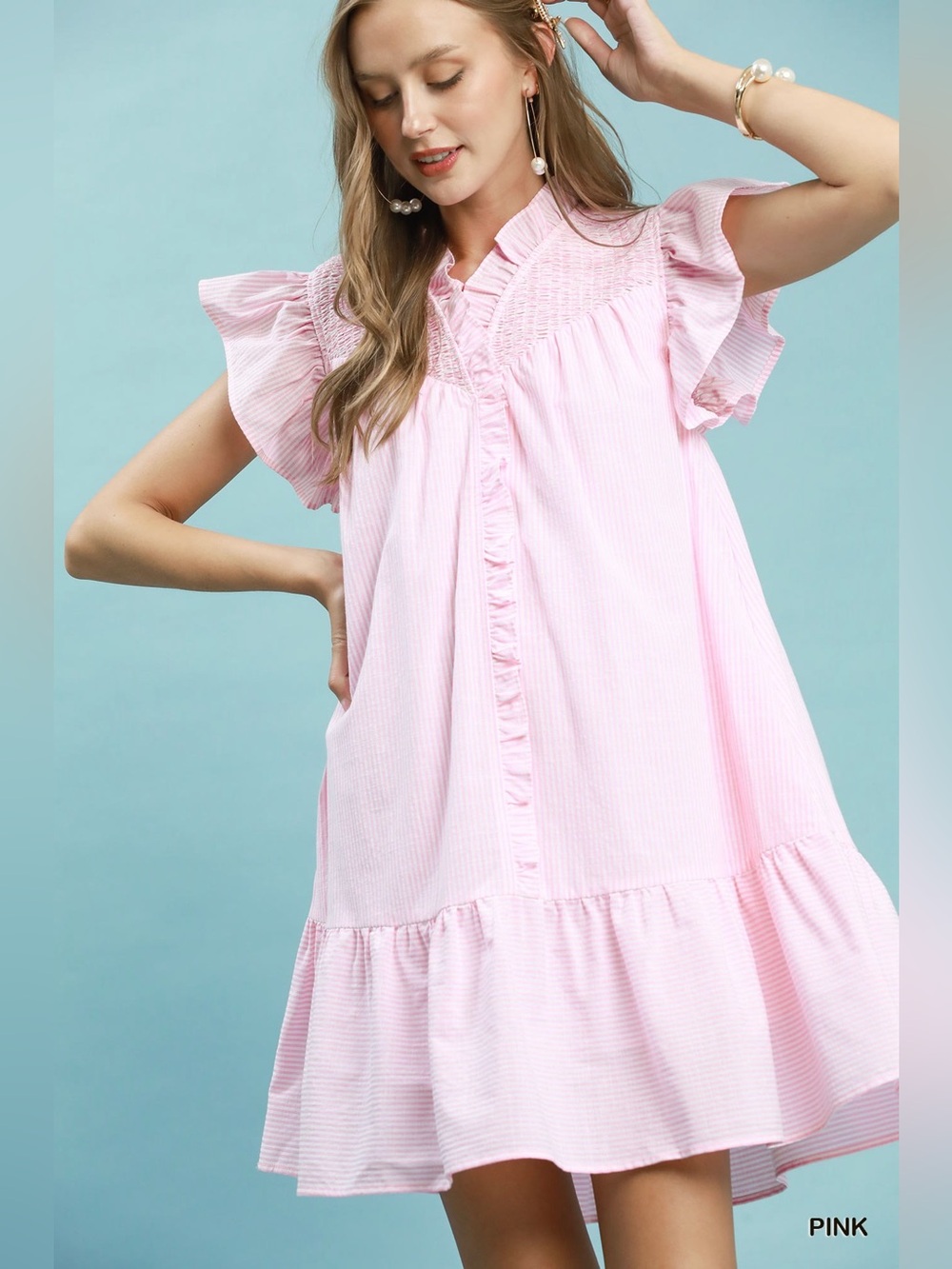Umgee Stripe Smocked Yoke Ruffle Dress